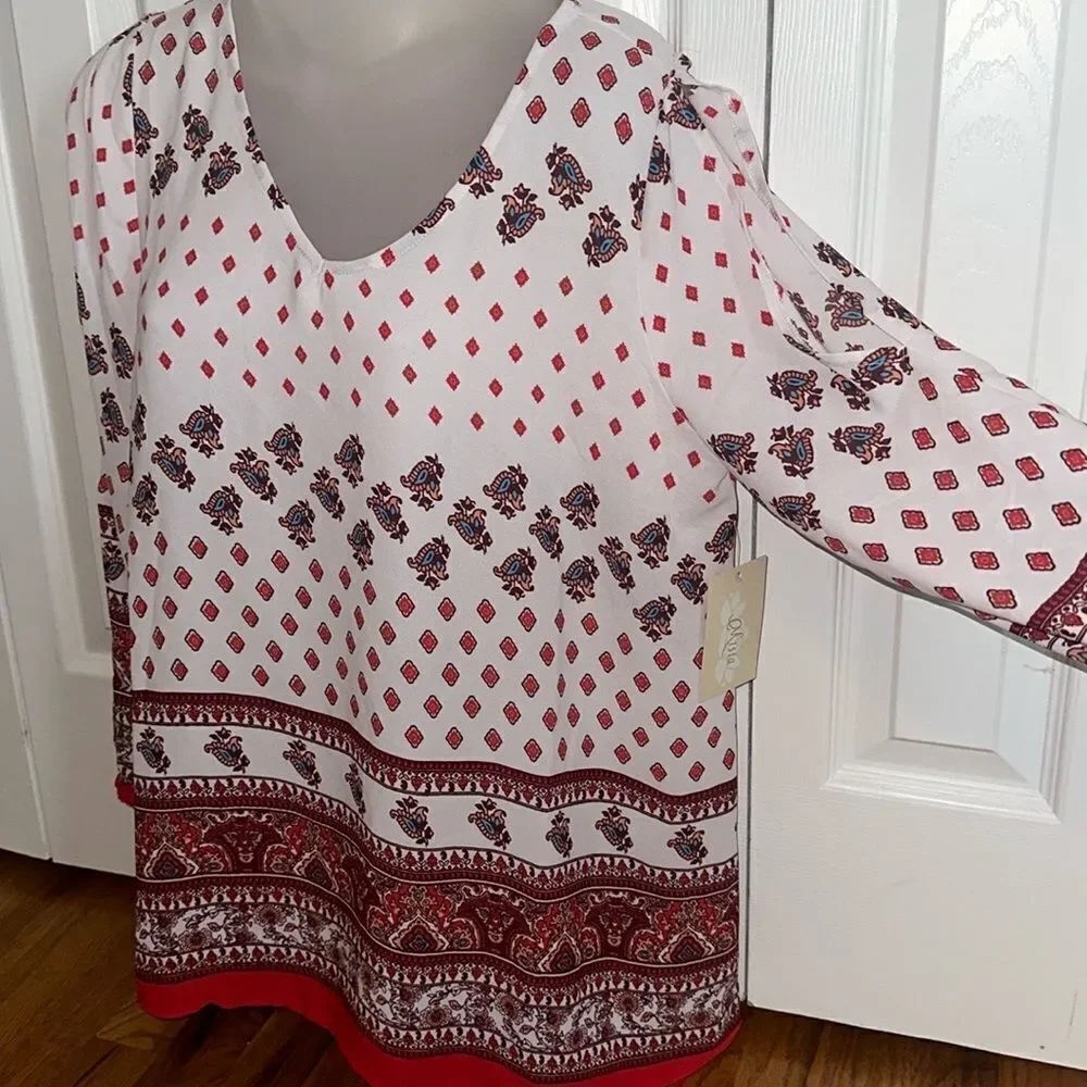 Misia Sheer White Boho Hippie Paisley Print Top Peep Shoulder Medium M NWT